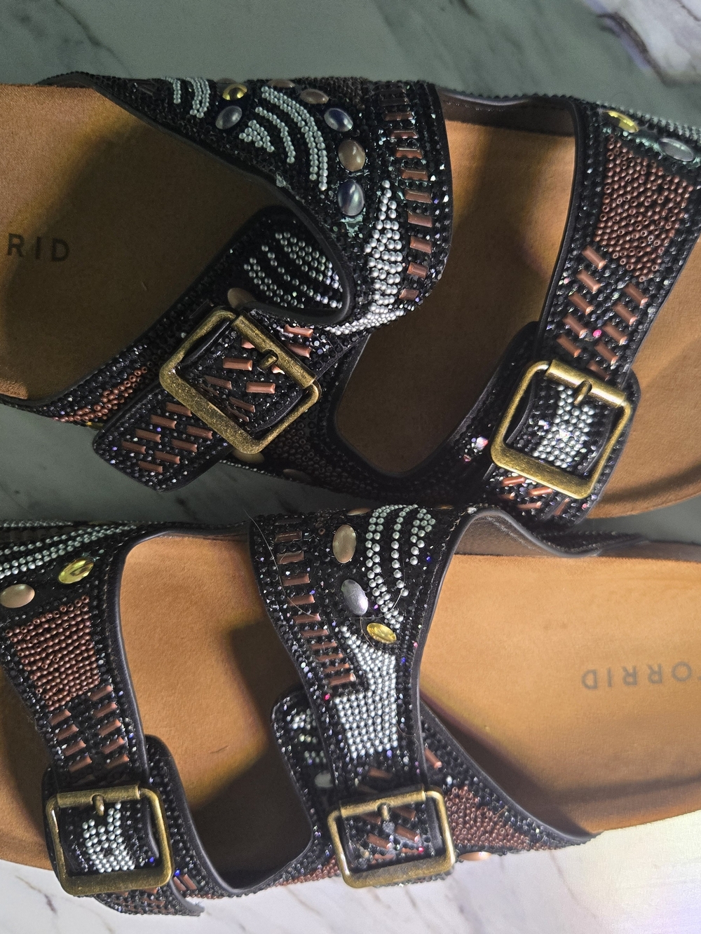 Torrid Black Beaded Double-Buckle Sandals with Brass Buckles
